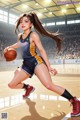 A woman in a basketball uniform dribbling a basketball on a court.