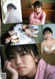 A collage of photos of a woman in a pink robe.