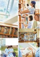 A collage of photos of a woman reading a book.