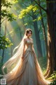 A woman in a wedding dress standing in the woods.