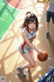 A girl holding a basketball on a basketball court.