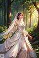 A woman in a wedding dress walking through a forest.